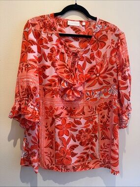 Sunny Leigh - Orange / Coral Floral Ruffle-Neck Blouse